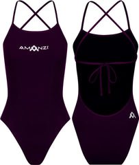 Purple Amanzi Girls Persia one-piece swimsuit with tie-back design, featuring a stylish and comfortable fit for young swimmers.