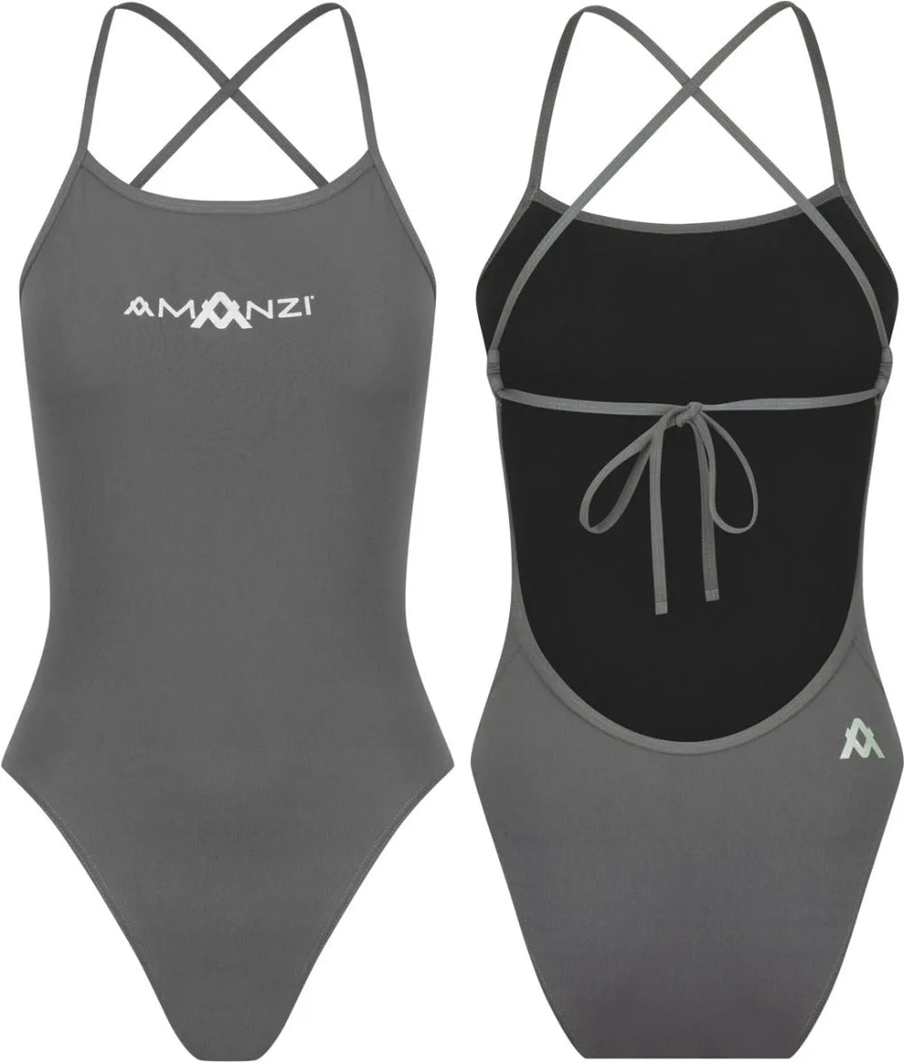 Amani girls' grey shadow tie-back one-piece swimsuit with stylish design, perfect for swimming and beachwear.