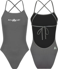 Amani girls' grey shadow tie-back one-piece swimsuit with stylish design, perfect for swimming and beachwear.