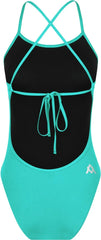 Amani girls' spearmint green tie-back one-piece swimsuit with adjustable straps and a stylish design, perfect for swimming and beach wear.