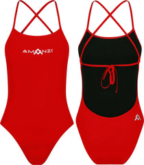 Red Amanzi women's Blaze tie-back one-piece swimsuit with stylish design, featuring a flattering fit and secure tie-back detail.