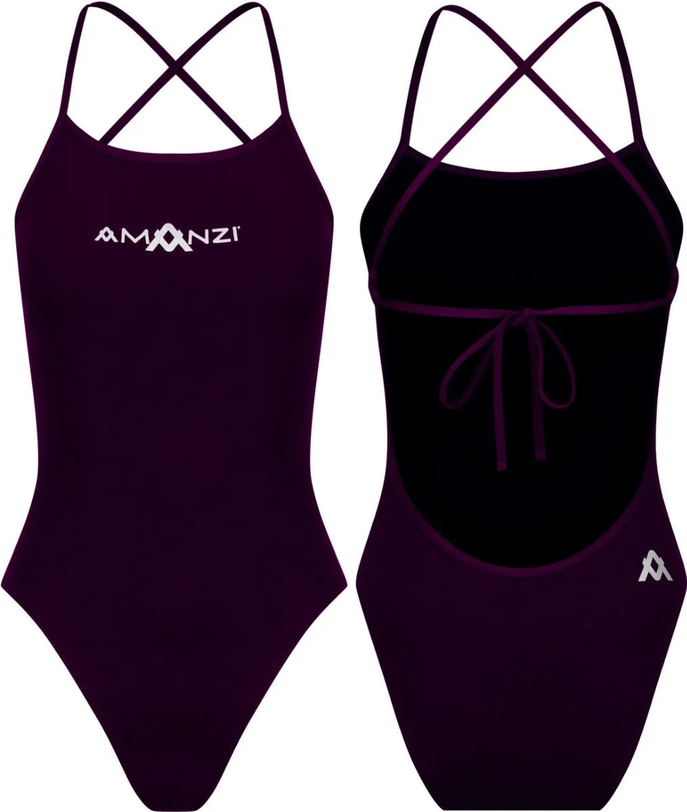 Amani Womens Persia purple tie-back one-piece swimsuit with sleek design and moderate coverage, perfect for swimming and beachwear.