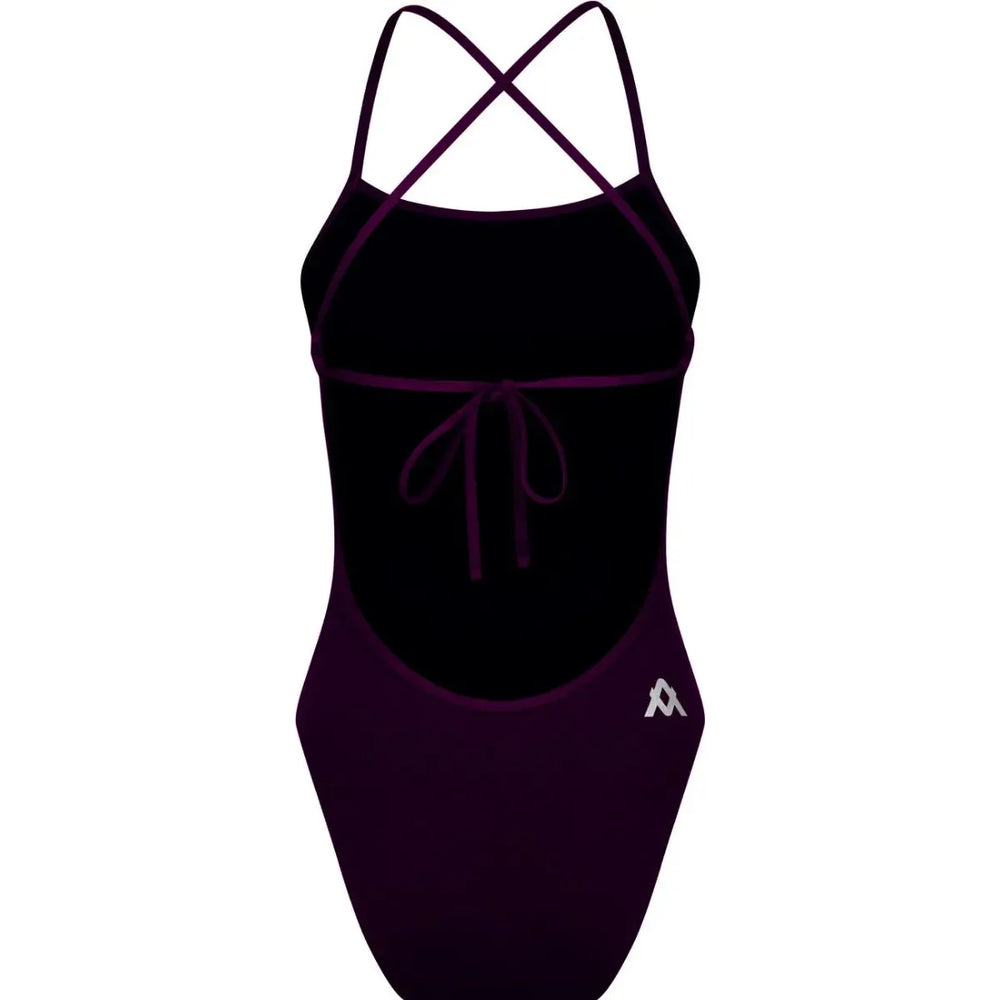 Amani Women's Persia purple tie-back one-piece swimsuit with a sleek design, featuring a stylish back closure and smooth fabric.