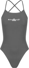 Amani women's grey shadow tie-back one-piece swimsuit with a sleek design and moderate coverage, ideal for swimming and beachwear.