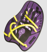 Arena Vortex Evolution hand paddle in plum and lime colors, featuring ergonomic design for swimming training and water exercise.