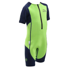 Green AquaSphere Kids Stingray HP short sleeve wetsuit for children, designed for swimming and water activities.