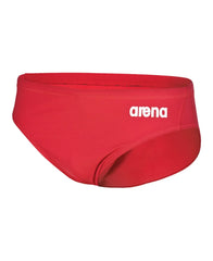 Arena men's team swim solid briefs showing blue fabric, elastic waistband, and snug fit, designed for competitive swimming.