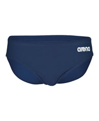Navy blue Arena men's team swim briefs with a solid design, made for competitive swimming and water sports.