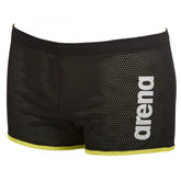 Black Arena Square Cut Drag Shorts designed for competitive swimming, featuring a sleek, streamlined fit for reduced water resistance.