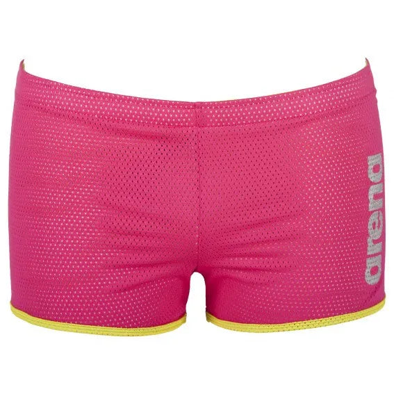 Pink Arena Square Cut Drag Shorts for men, featuring a sleek design and comfortable fit for competitive swimming.