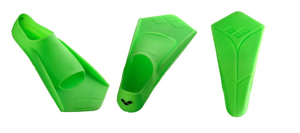 Green Arena Power Fin for swimming, featuring a sleek design and adjustable straps for optimal performance in the water.