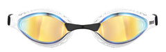 Arena Airspeed Mirror goggles in white and copper with mirrored lenses, featuring a sleek, streamlined design for competitive swimming.