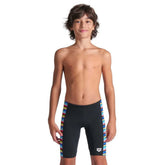 Arena boys' racing stripe swim jammer in black with multi-colored racing stripes, designed for competitive swimming.