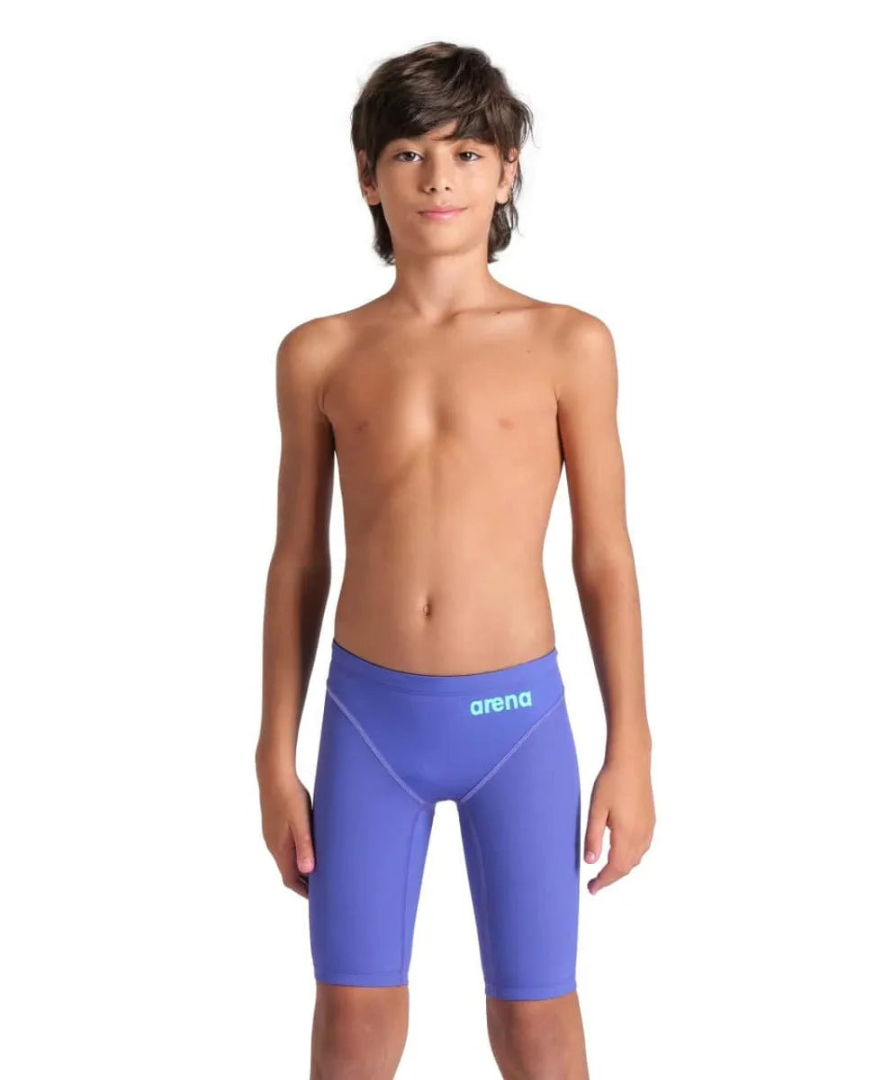 Arena Boys Powerskin Impulso Jammer in Future Dusk, close-up view showing sleek swimwear design and branding details.