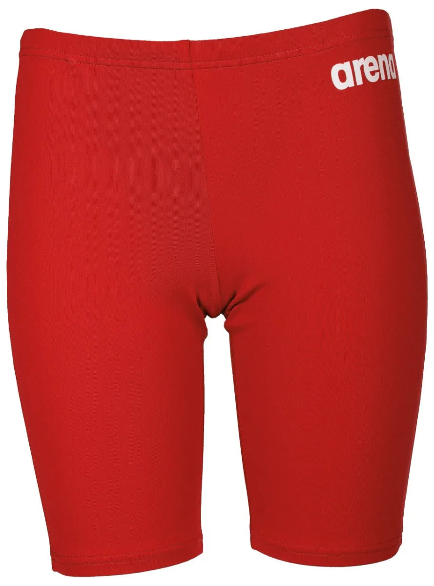 Arena boys' swim jammer in solid navy blue with white logo, designed for competitive swimming and athletic performance.