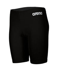 Black Arena boys' swim jammer made of durable, solid fabric, designed for competitive swimming and training.