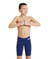 Arena boys' navy blue swim jammers, solid design with a comfortable fit for competitive and recreational swimming.