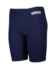 Arena boys' navy blue swim jammer, made for competitive swimming, featuring a sleek, solid design with a comfortable fit.