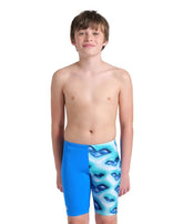 Arena boys' logo graphic swim jammer in blue river, water, and multi colors, designed for swimming and active water sports.