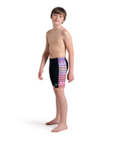 Arena boys' ondulation swim jammer in black, multicolor, and violet, designed for competitive swimming and training.