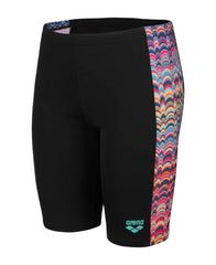 Arena boys' ondulation swim jammers in black, multi, and violet, featuring a sleek, fitted design for competitive swimming.