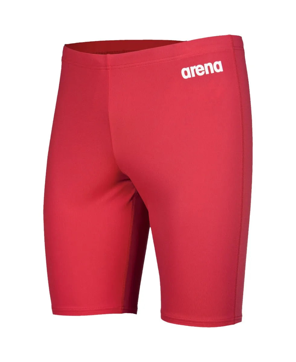 Arena men's team swim solid jammer, close-up of navy blue swim jammers with a sleek, streamlined fit for competitive swimming.