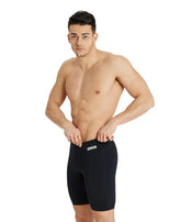 Black Arena men's team swim jammer, snug fit, durable fabric, designed for competitive swimming and training.