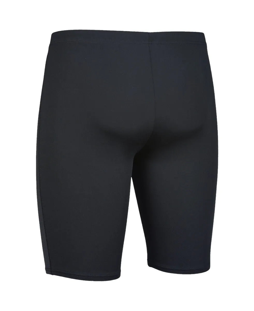 Black Arena men's team swim jammer, close-up view showing sleek, form-fitting design and durable fabric for competitive swimming.