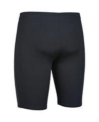 Black Arena men's team swim jammer, close-up view showing sleek, form-fitting design and durable fabric for competitive swimming.