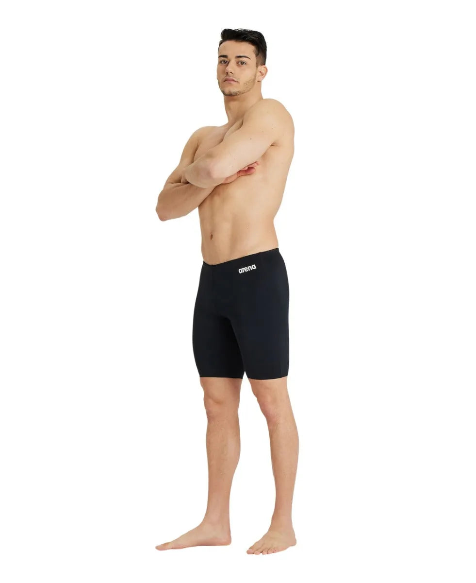 Black Arena men's team swim jammer featuring a sleek, solid design suitable for competitive swimming.
