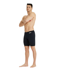 Black Arena men's team swim jammer featuring a sleek, solid design suitable for competitive swimming.