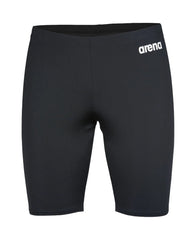 Black Arena men's team swim jammer, fitted swimwear designed for competitive swimming, featuring a streamlined, solid color design.
