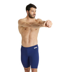 Arena men's swim jammer in navy blue, solid design, snug fit, designed for competitive swimming and training.