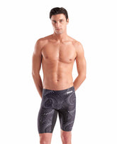 Arena men's Fireflow swim jammer in black and team black, featuring a snug fit and streamlined design for competitive swimming.