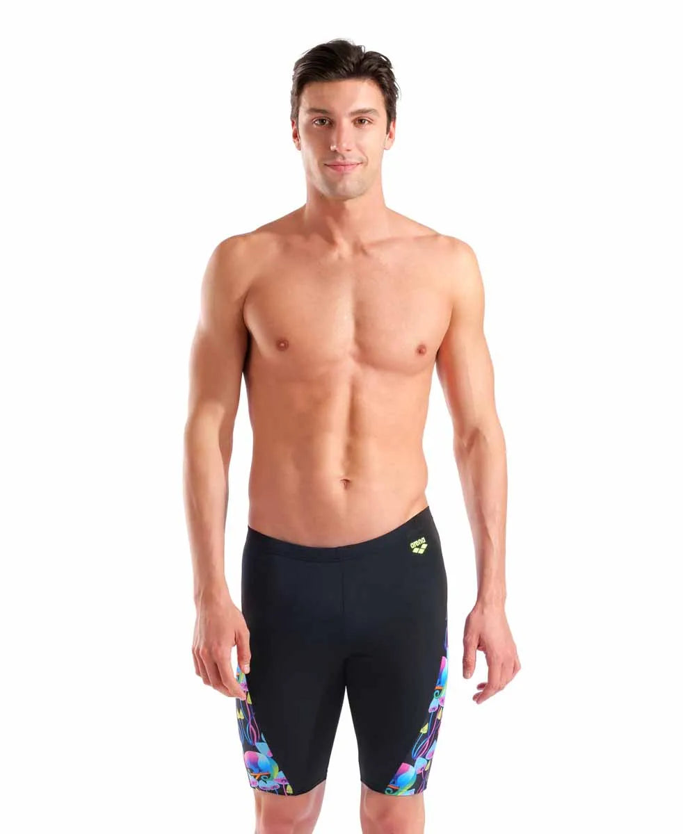 Arena men's multi-chameleons swim jammer in black and multicolor, designed for competitive swimming and training.