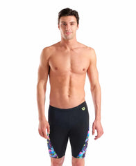 Arena men's multi-chameleons swim jammer in black and multicolor, designed for competitive swimming and training.