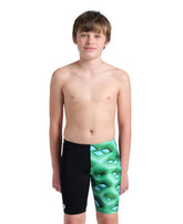 Arena boys' logo graphic swim jammer in black with soft green and multi-colored accents, designed for competitive swimming.
