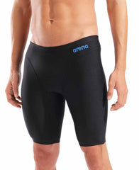 Arena Men's Hyperflow solid jammer in black and blue, designed for competitive swimming with a sleek, athletic fit.