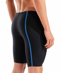 Arena men's Hyperflow solid jammer in black and blue, featuring a sleek design for competitive swim performance.