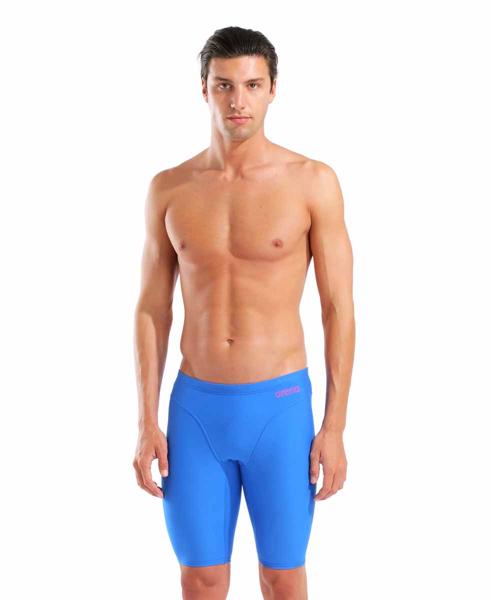 Arena men's Hyperflow solid jammer in blue and purple, showcasing a sleek, fitted swimwear design with the brand logo.