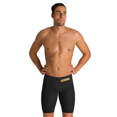 Black Arena men's Carbon Glide jammer with sleek design, suitable for competitive swimming and training.