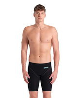 Arena men's Powerskin Impulso jammer in black and teal, featuring a sleek, fitted design for competitive swimming.