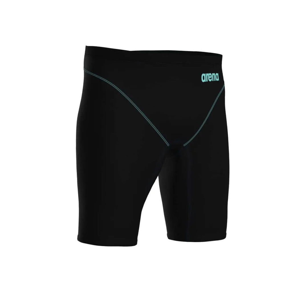 Arena men's Powerskin Impulso jammer in black and teal, designed for competitive swimming with a sleek, streamlined fit.