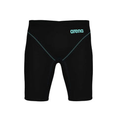 Arena men's Powerskin Impulso jammer in black and teal, showcasing sleek swimwear with a fitted design for competitive swimming.