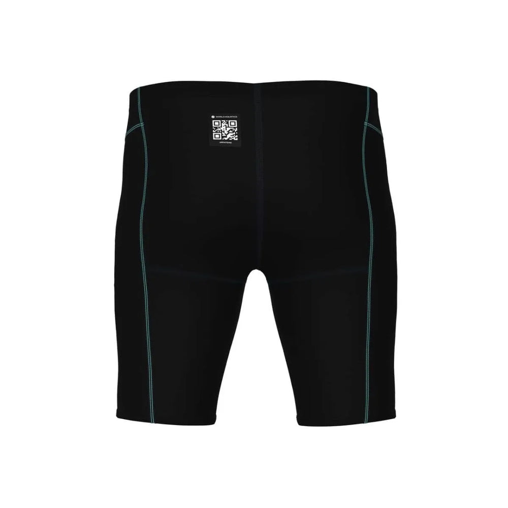 Arena Men's Powerskin Impulso Jammer in black and teal, close-up view of the sleek swim jammer fabric and design.
