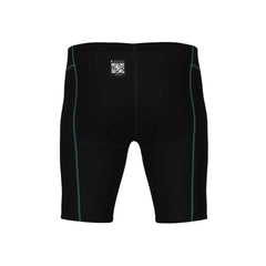 Arena Men's Powerskin Impulso Jammer in black and teal, close-up view of the sleek swim jammer fabric and design.