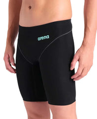 Arena men's Powerskin Impulso jammer in black and teal, designed for competitive swimming with a sleek, streamlined fit.