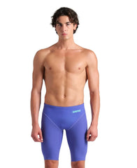Arena men's Powerskin Impulso jammer in Future Dusk, close-up view of the sleek swim jammer with branding and textured fabric.
