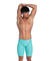 Arena men's Powerskin ST Next Jammer in aquamarine, close-up of sleek swim jammer designed for competitive swimming.