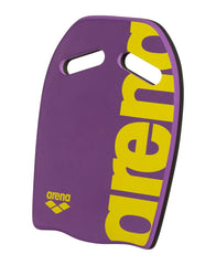 Arena Kickboard in plum and lime colors, designed for swimming training, showing a lightweight foam construction with adjustable straps.